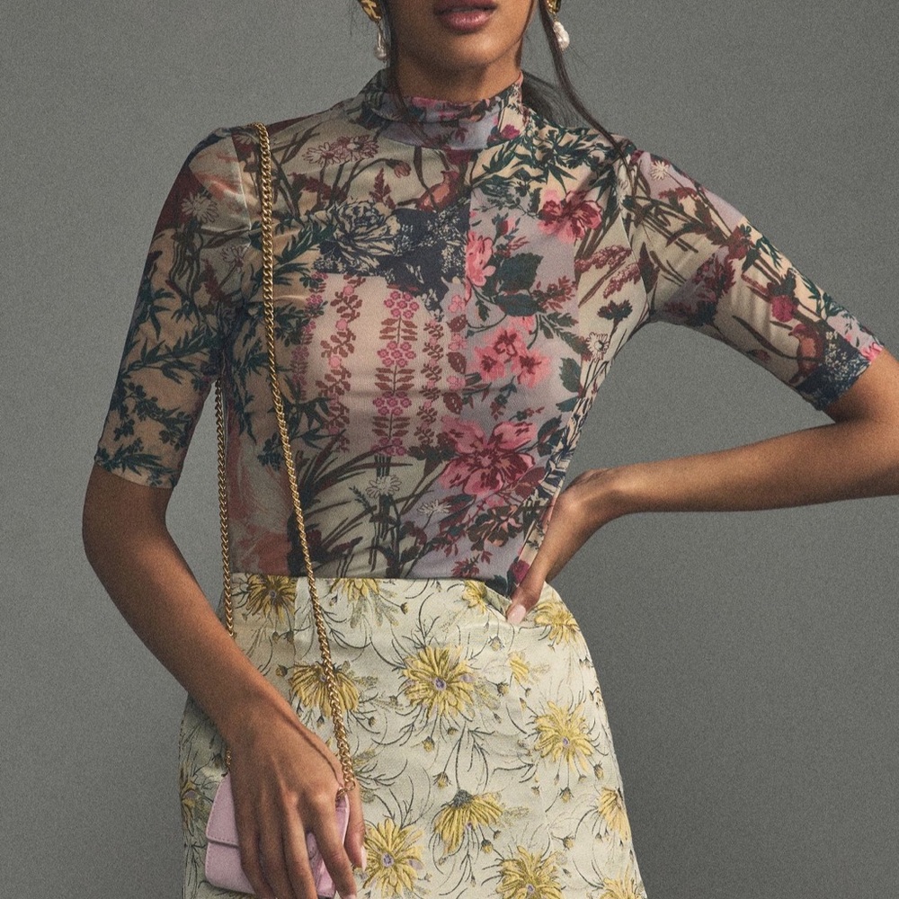 Anthropologie Floral Sheer High-Neck Top in Pink, Green, Cream